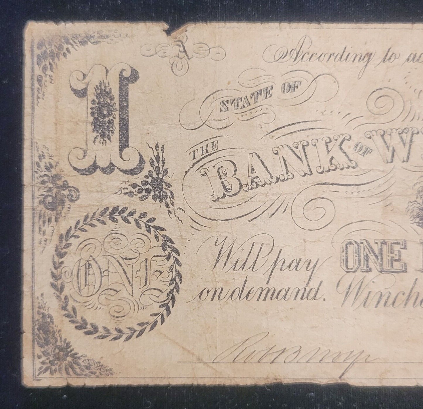 1861 $1 Bank of Winchester, Virginia Rare Obsolete Currency Paper Bank Note