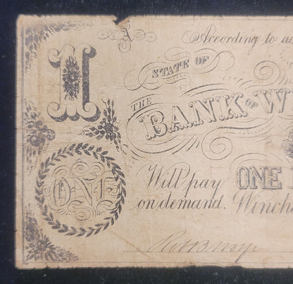 1861 $1 Bank of Winchester, Virginia Rare Obsolete Currency Paper Bank Note