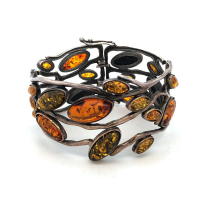 Vintage 925 Sterling Silver Green Orange Yellow Amber Vines Hinged Cuff Bracelet
