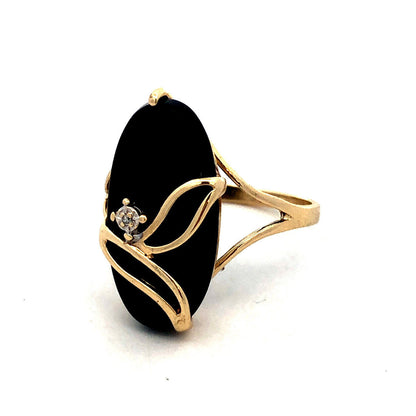 10K Yellow Gold Designer PSCO Oval Black Onyx Diamond Flower Statement Ring