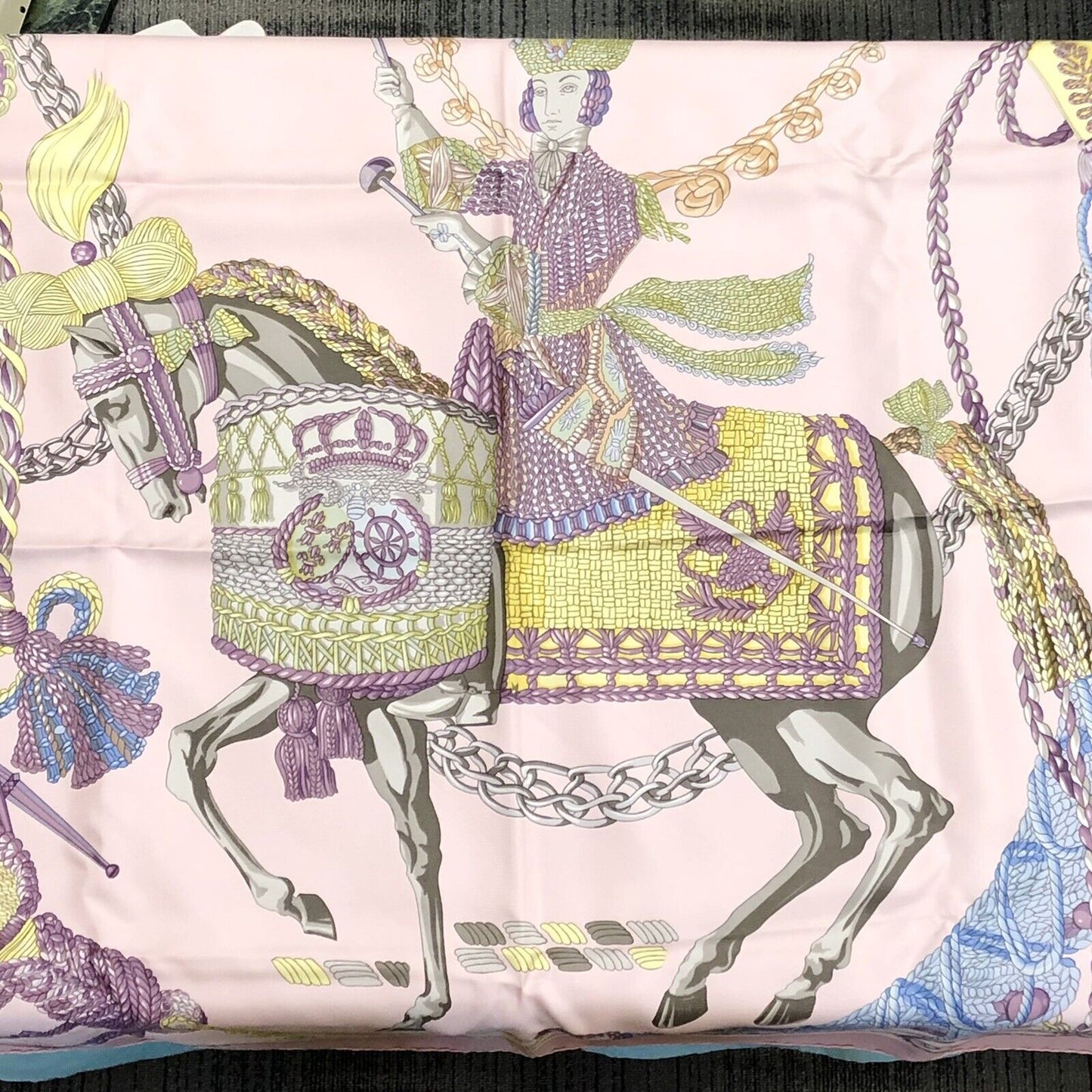 Hermes Carre 90 Silk Le Timbalier Twill Violet Rose Pink Neckerchief Scarf