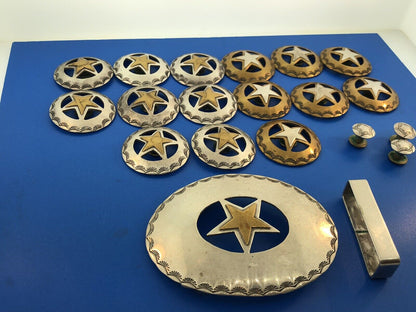 Southwestern Sterling Silver Brass Star Texas Star 23 Piece Rodeo Buckle Set