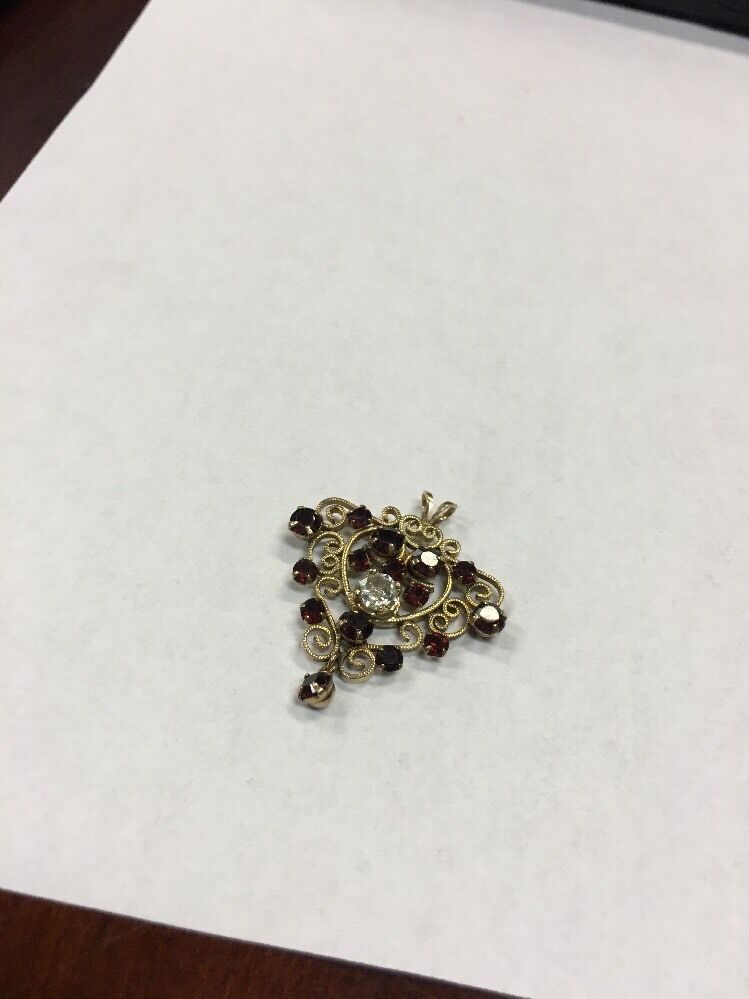 Vintage Designer Winard 12K Yellow Gold Filled Garnet Diamond Filigree Pendant