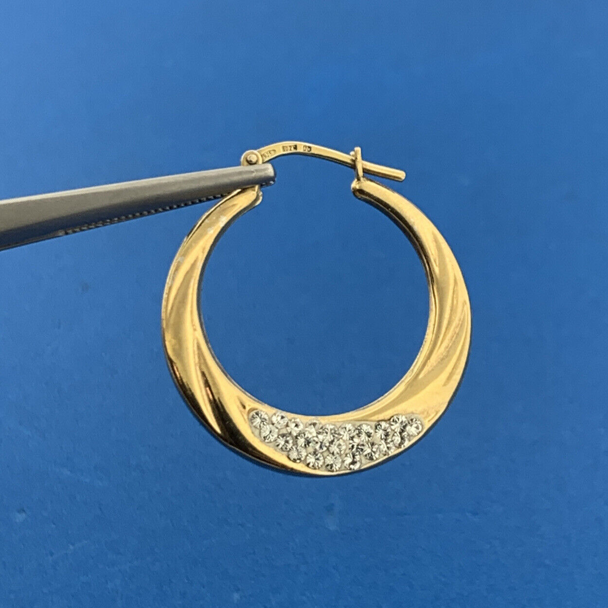 Designer Sterling Silver Vermeil Gold Toned Cubic Zirconia Ribbed Hoop Earrings