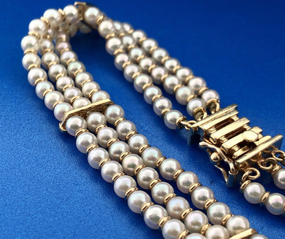 Vintage 14K Yellow Gold Cultured Pearl 3 Strand Bridal June Anniversary Bracelet