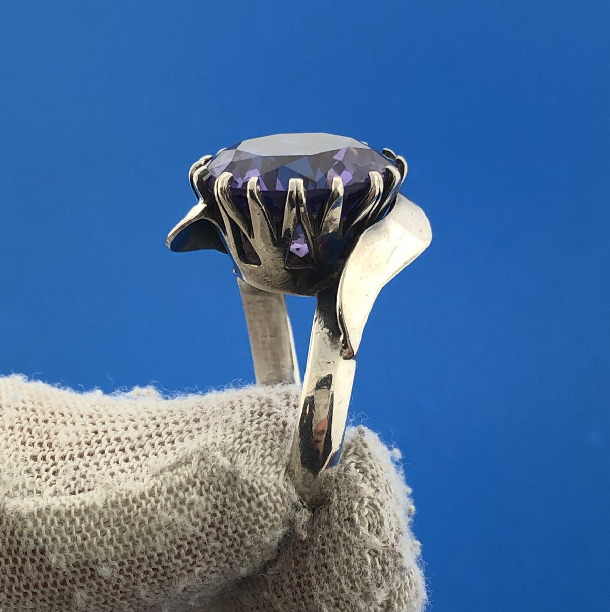 Modernist Artisan Sterling Silver 925 Purple Sapphire Dramatic Statement Ring