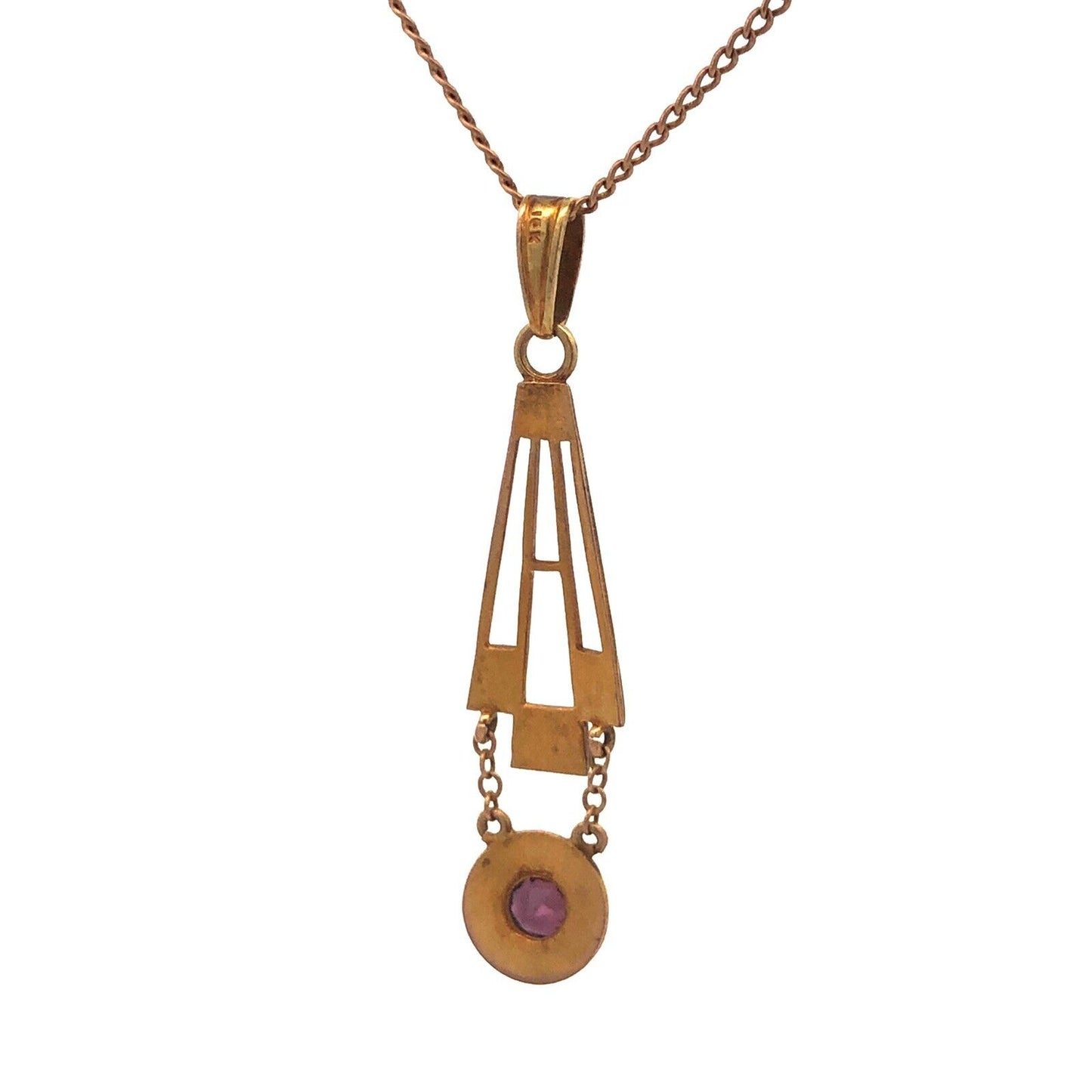 Art Deco 10K 14K  Yellow Gold Amethyst Seed Pearl Enamel Drop Pendant Necklace