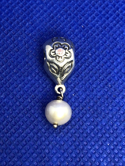Retired PANDORA ALE 925 Silver Pink CZ Flower Pearl Dangle Charm 790546