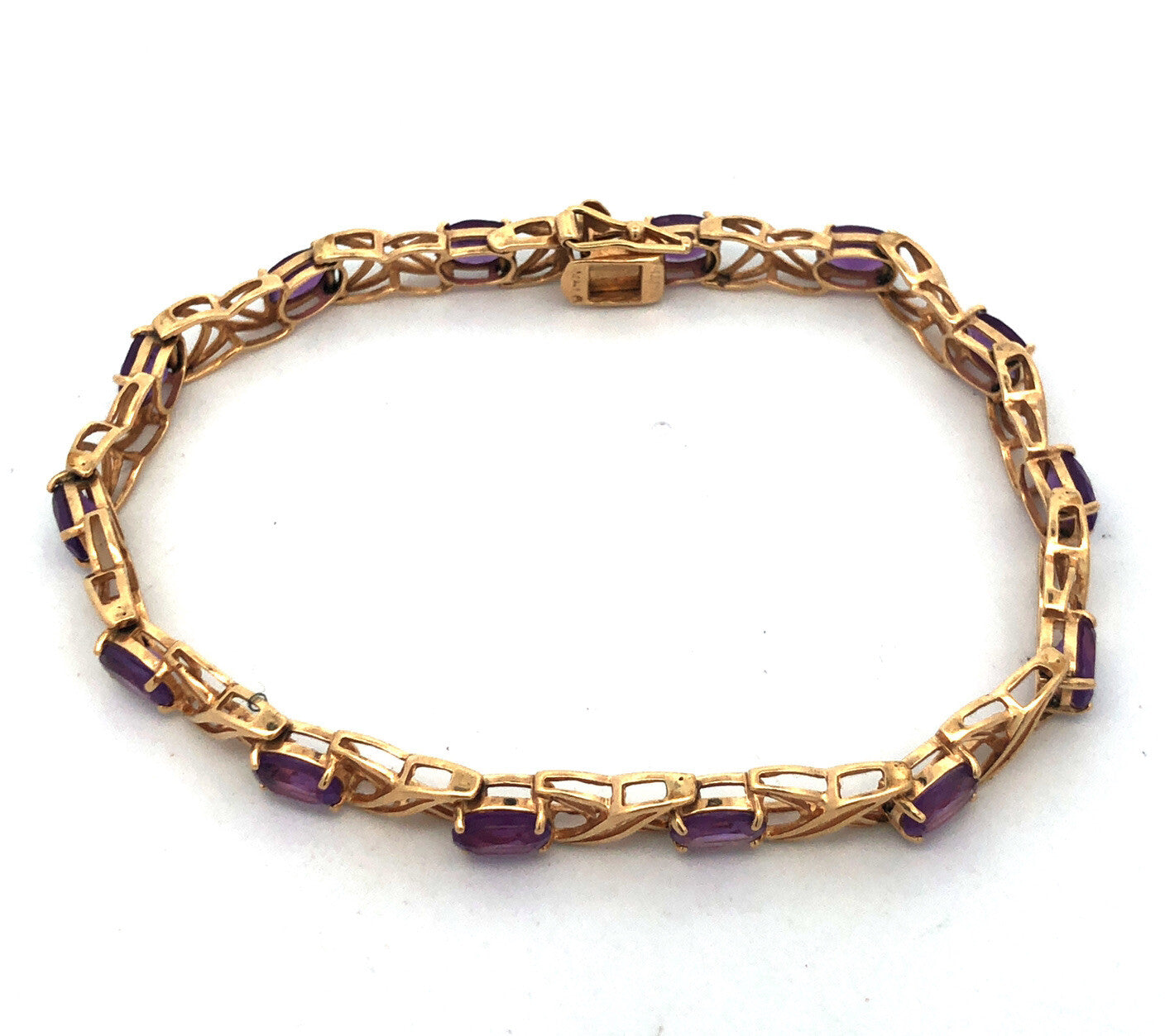 14K Solid Yellow Gold Oval Cut Amethyst X and O Design Tennis Bracelet