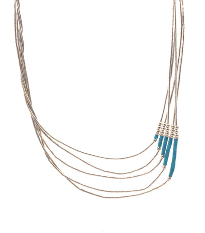 Native American 925 Sterling Silver Turquoise Liquid Silver 5 Strand Necklace