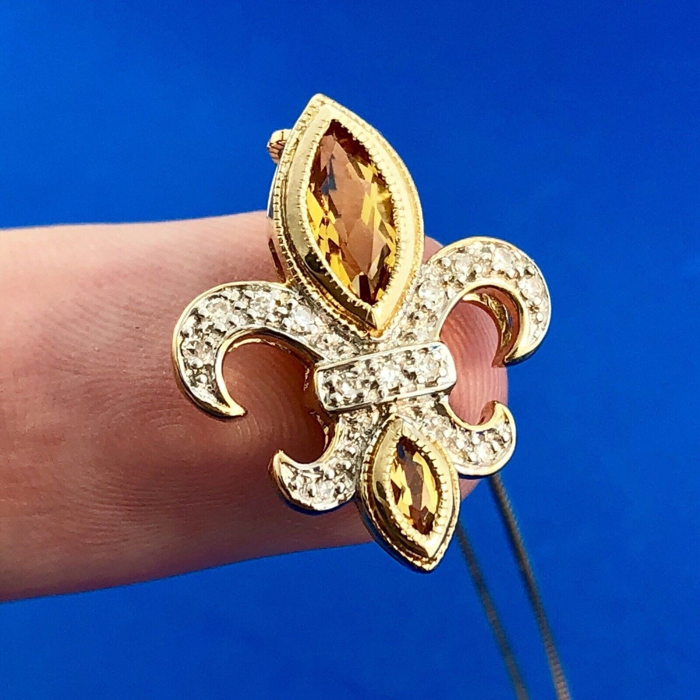 Vintage 14K Yellow White Citrine Diamond Fleur De Lis November Pendant Necklace