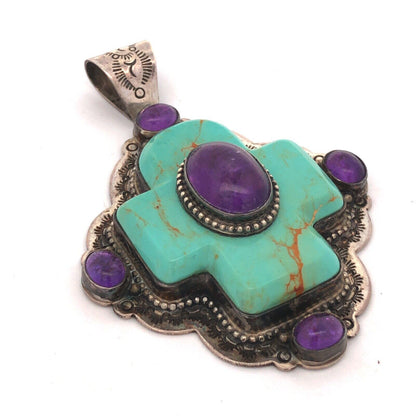David Troutman Navajo Sterling Silver Turquoise Amethyst Cross Statement Pendant
