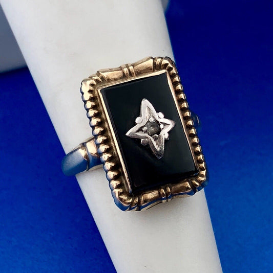 Art Deco Art Nouveau 10K Yellow White Gold Black Onyx Diamond Cocktail Ring