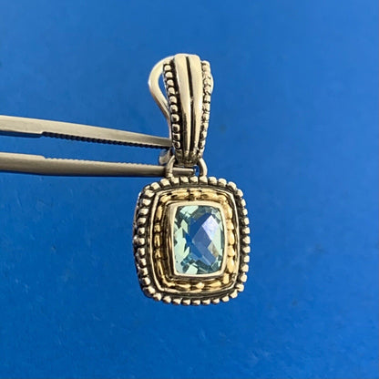 Designer 925 Sterling Silver 14K Gold Cushion Cut Blue Topaz Omega Back Earrings