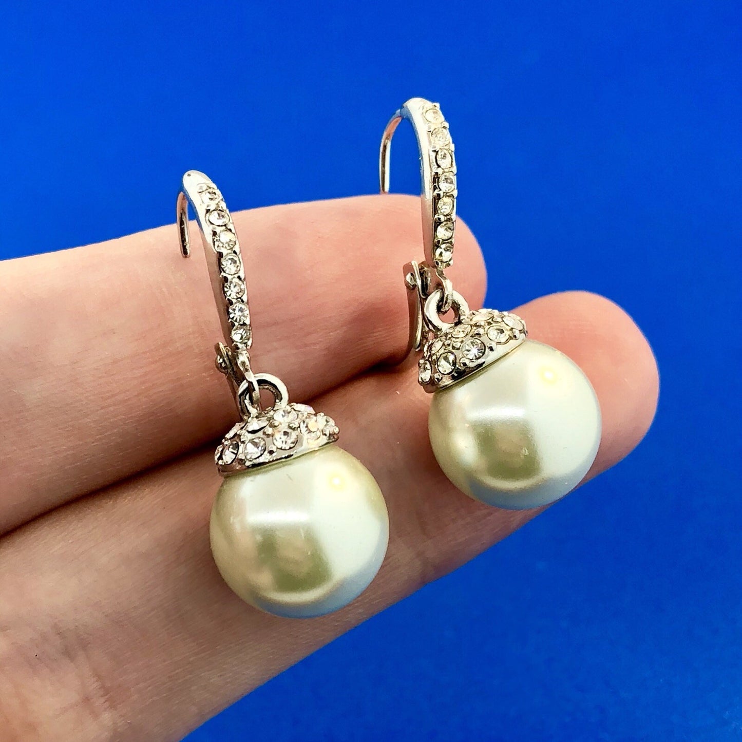 Elegant Silver Tone Faux Pearl Cubic Zirconia Drop Dangle Ball Earrings