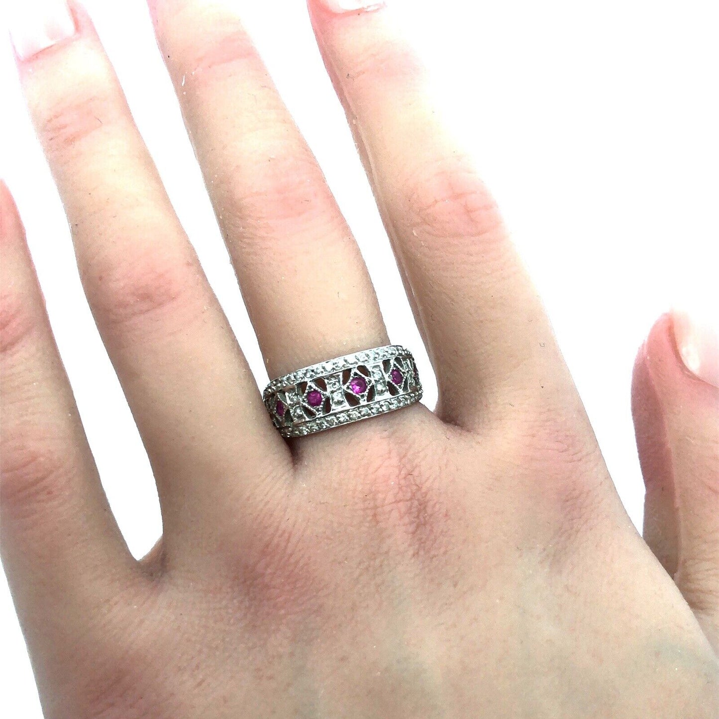 Vintage Art Deco 18k White Gold Filigree Ruby & Diamond Ring Size 7.5