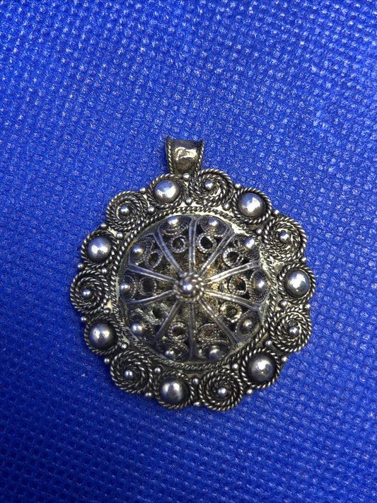 Vintage Made in Israel 935 Fine Silver Round Filigree and Scroll Pendant Brooch