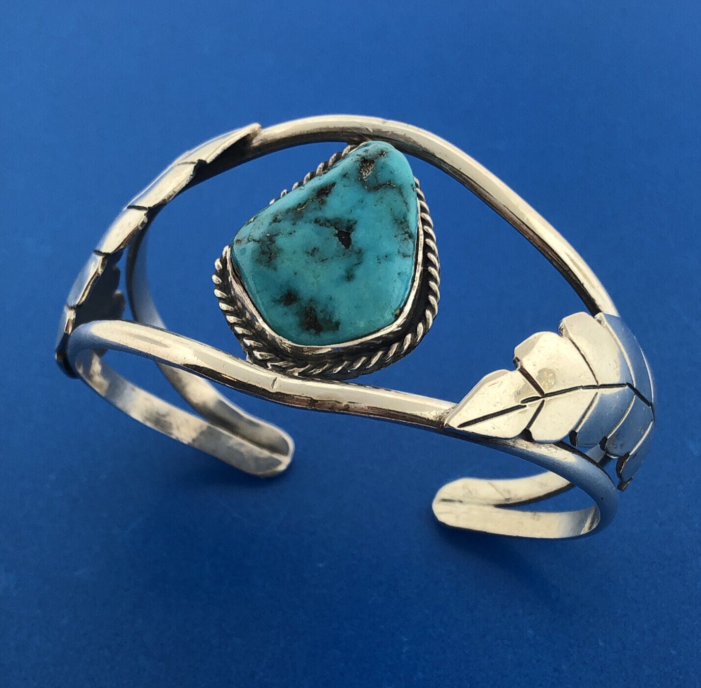 Old Pawn Sterling Silver Chunky Turquoise Cabochon Squash Blossom Cuff Bracelet