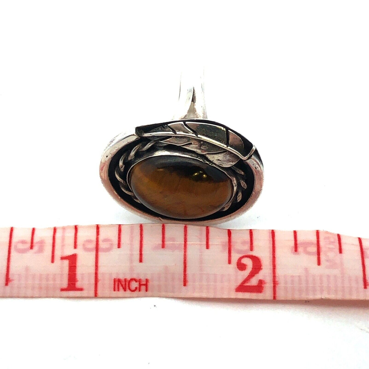 Estate 925 Sterling Silver Cabochon Tigers Eye Feather Design Oval Ring