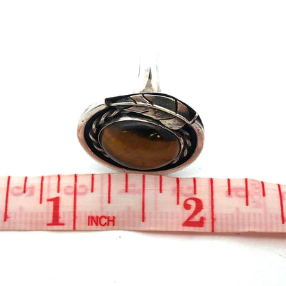 Estate 925 Sterling Silver Cabochon Tigers Eye Feather Design Oval Ring