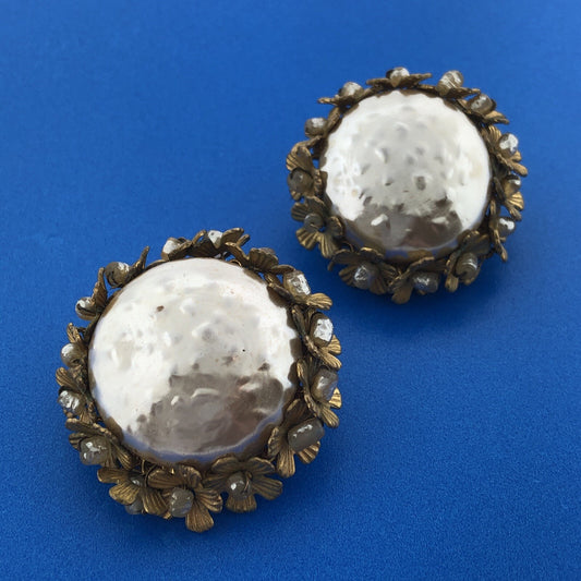 1950's Miriam Haskell Faux Baroque Pearl Birds Nest Statement Clip Earrings