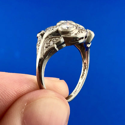 Art Nouveau Art Deco Platinum Diamond Floral Cluster Engagement Cocktail Ring