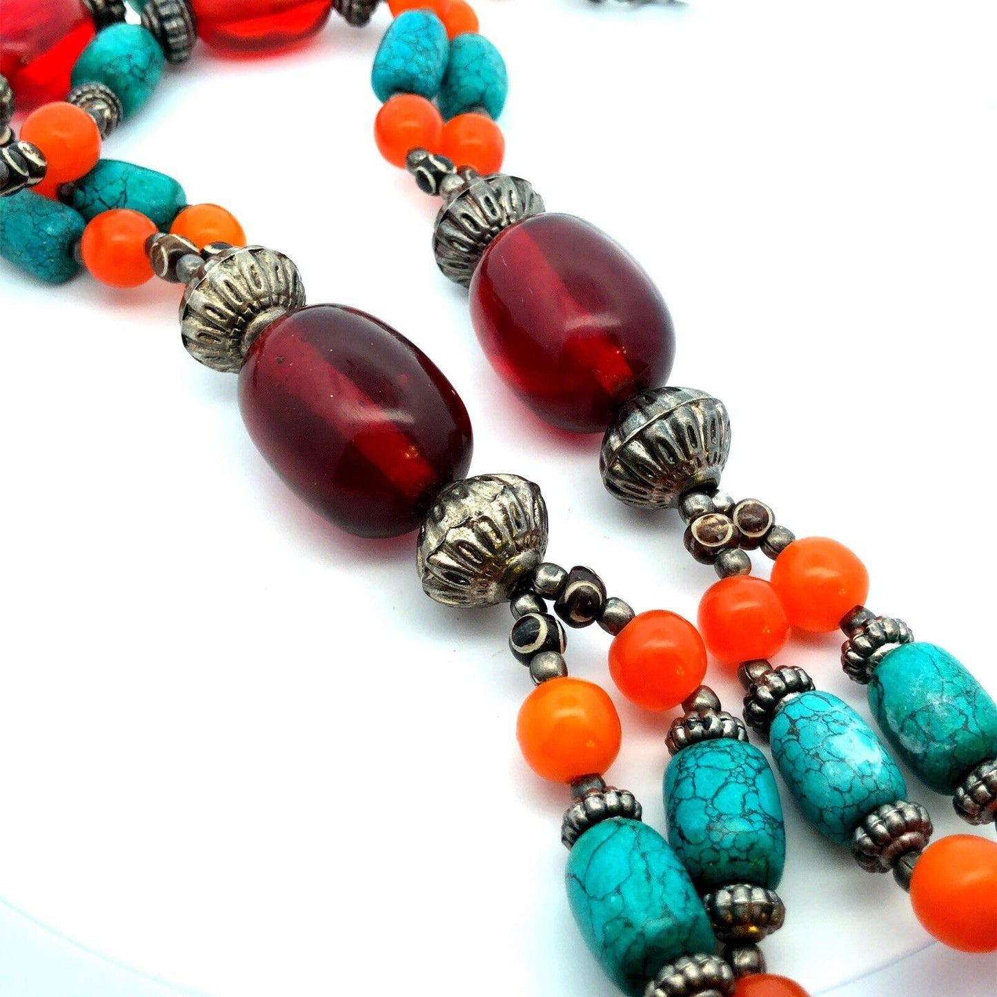 Vintage India Silver Plate Multi-Gemstone Turquoise Statement Beaded Necklace