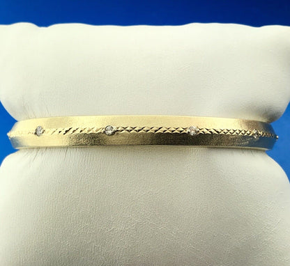 Estate 14K Yellow Gold Diamond Station Weave Etched Bangle Bracelet
