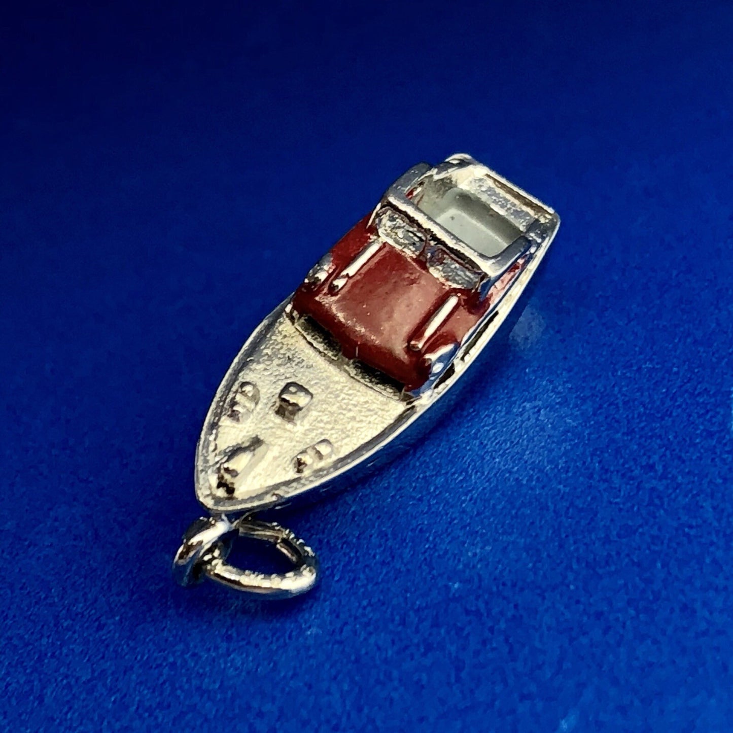 Vintage Designer WELLS 925 Sterling Silver 3D Red Enamel Speed Ski Boat Charm