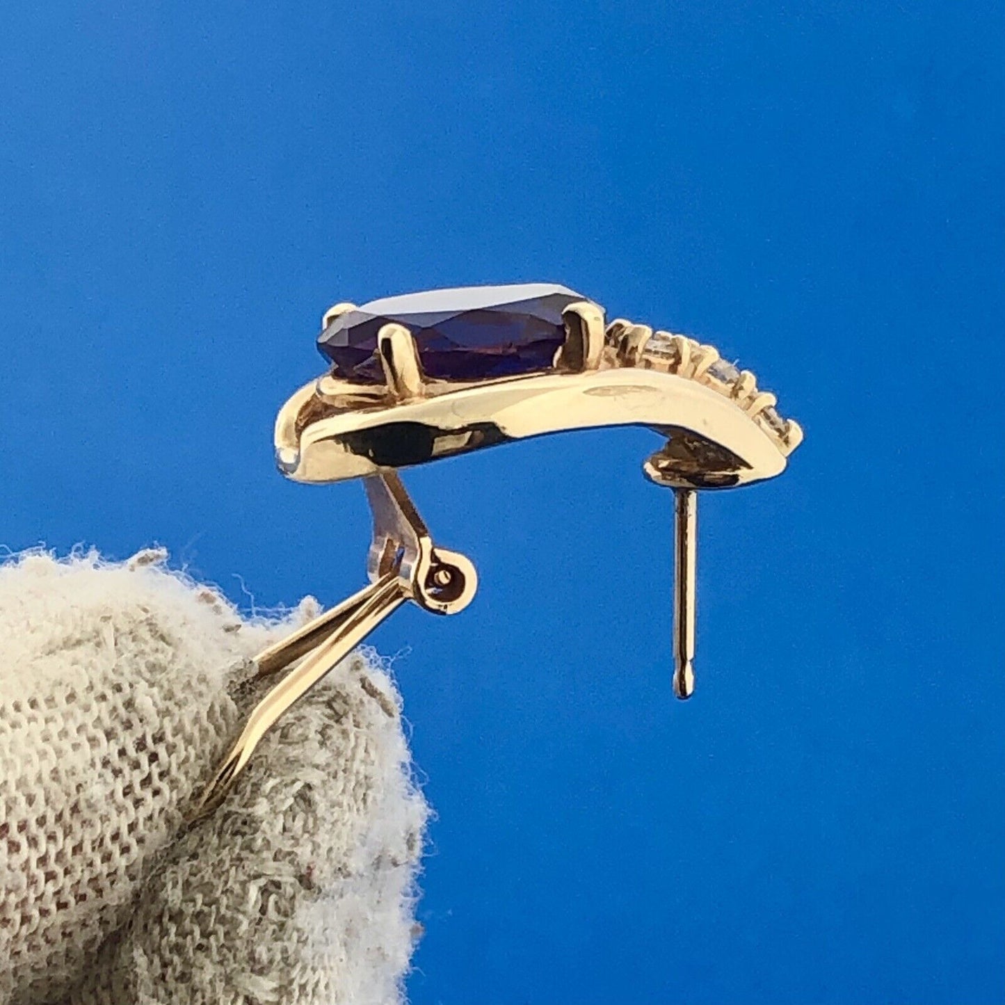 Estate 14K Yellow Gold Oval Amethyst Diamond February Anniversary Omega Earrings