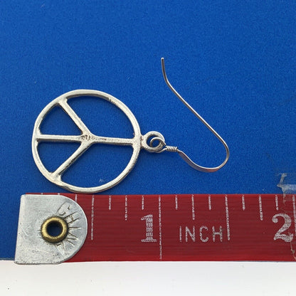 Retro 925 Sterling Silver Hammered Textured Peace Sign Symbol Dangle Earrings