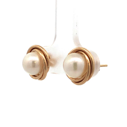 Vintage 14K Yellow Gold Pearl Modernist Bird Nest Stud Earrings