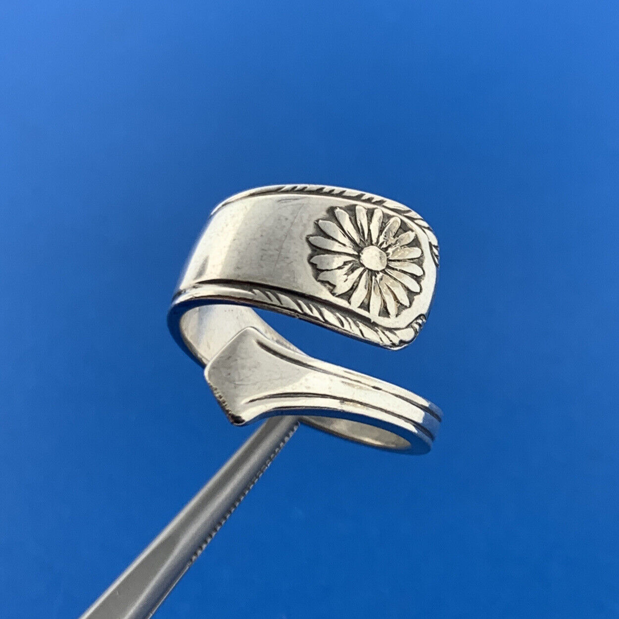 Designer 925 Sterling Silver Floral Flower Bypass Spoon Adjustable Ring