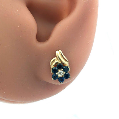 14K Yellow Gold Diamond Sapphire Floral Cluster September Anniversary Earrings