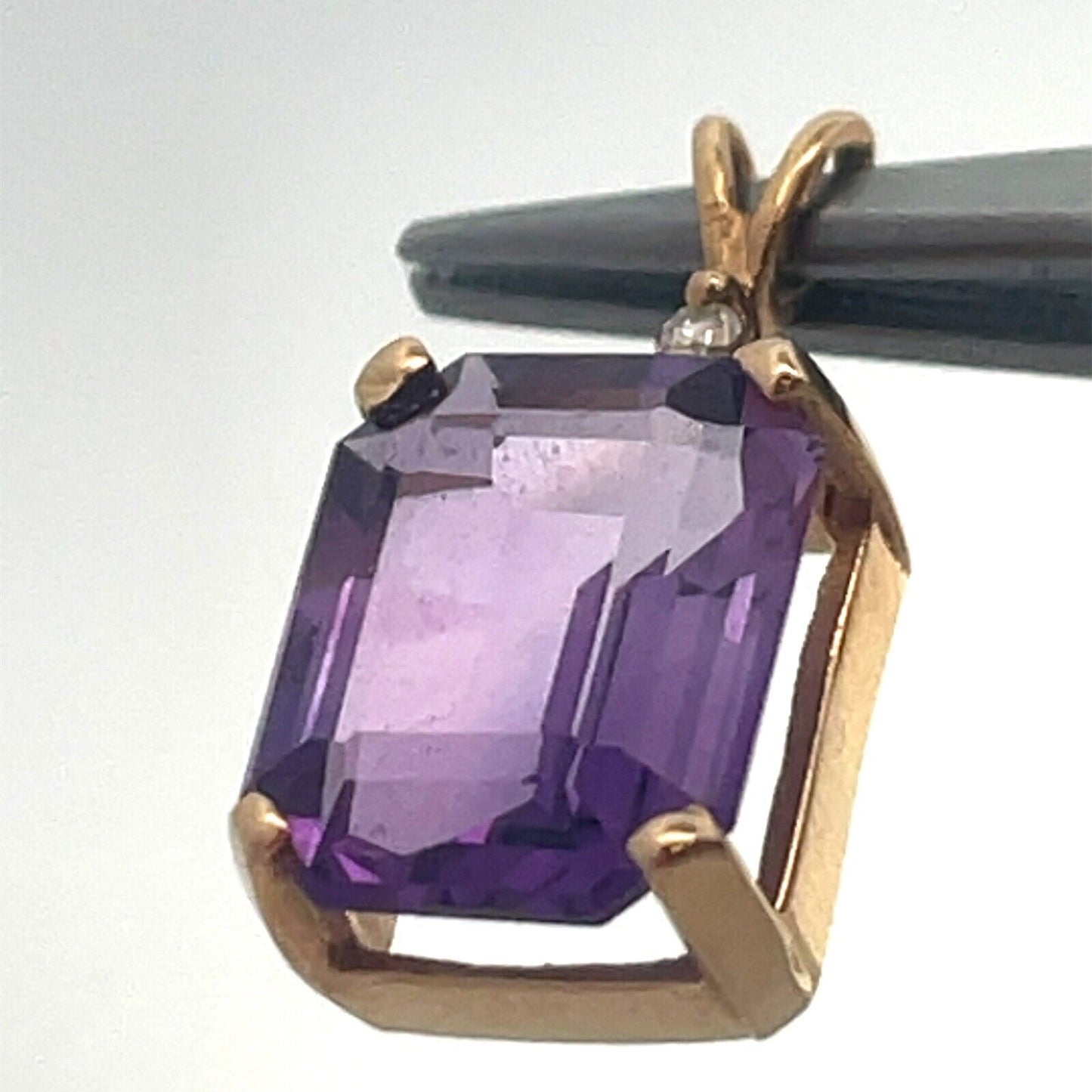 Vintage Designer 14K Yellow Gold Emerald Cut Amethyst Diamond Accent Pendant