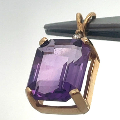Vintage Designer 14K Yellow Gold Emerald Cut Amethyst Diamond Accent Pendant