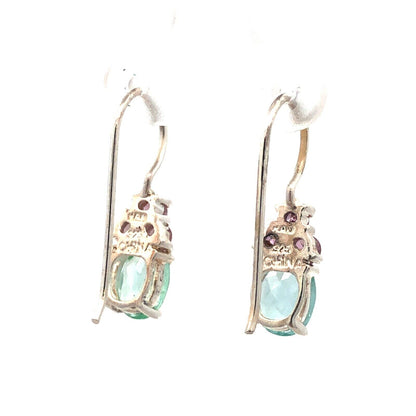 Designer HAN 925 Sterling Silver Oval Aquamarine Pink CZ Dangle Hook Earrings