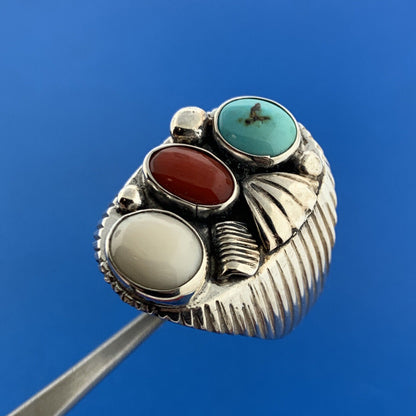 Designer Many Claw Sterling Silver 925 Turquoise Coral Agate Dome Ring Size 11