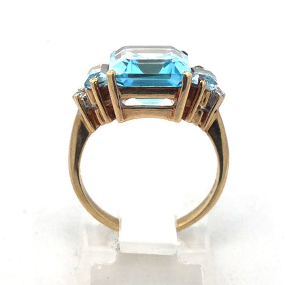 14K Yellow Gold Blue Topaz Diamond December Anniversary Cocktail Statement Ring