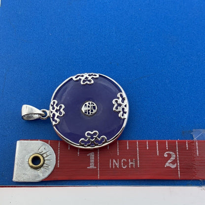 Chinese Export 925 Sterling Silver Lavender Long Life Statement Disc Pendant