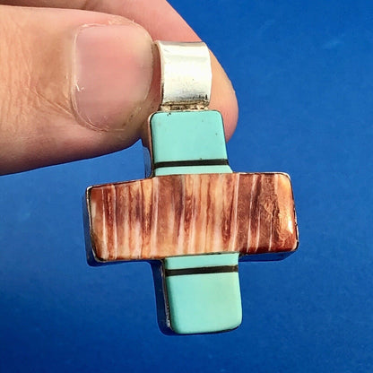 Native American Signed Sterling Silver Turquoise Black Onyx Jasper Cross Pendant