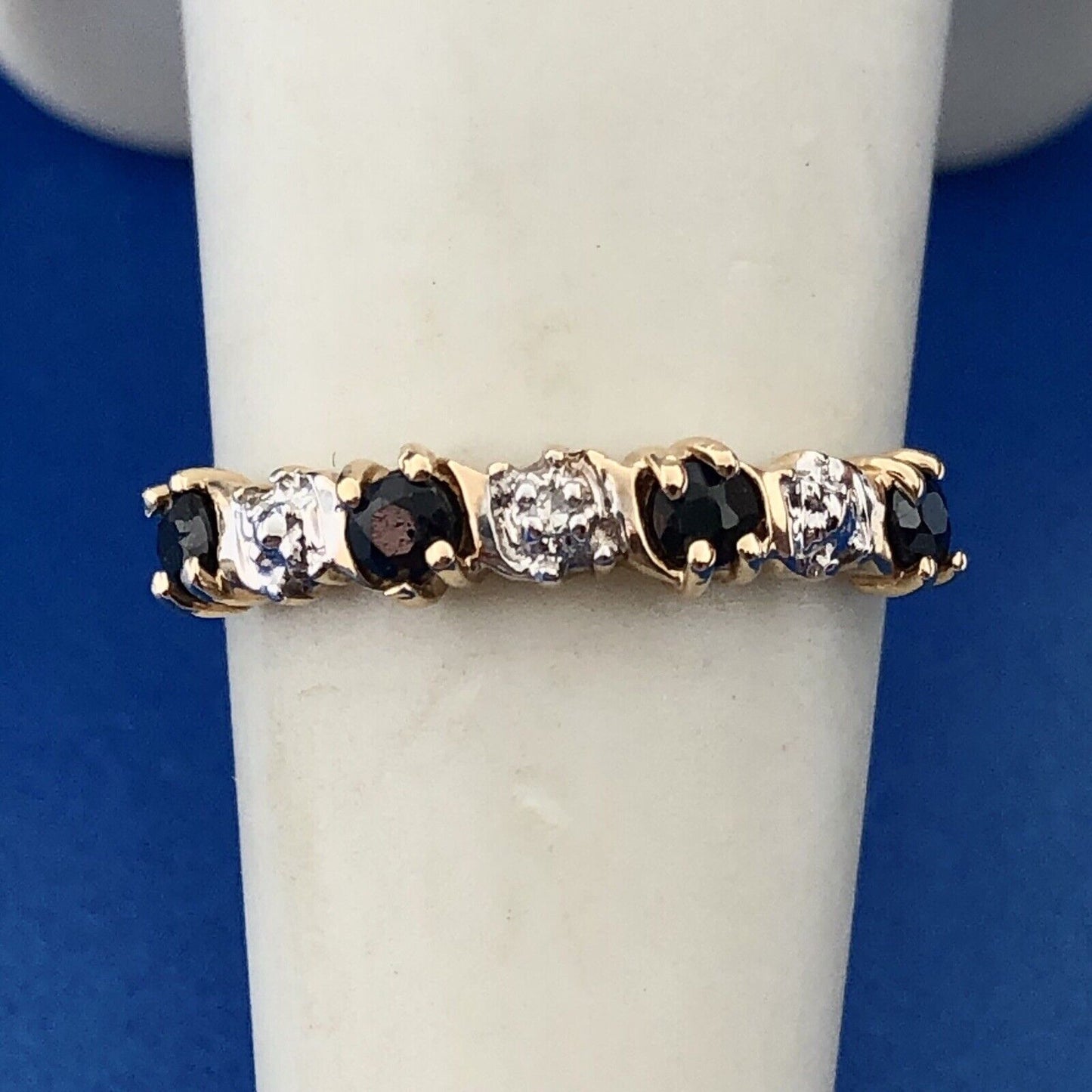 Retro 10K Yellow White Gold Sapphire Diamond Stackable Anniversary Band Ring