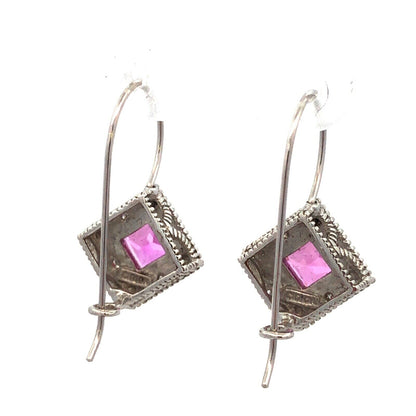 Designer 10K White Gold Princess Pink Sapphire Diamond French Hook Earrings