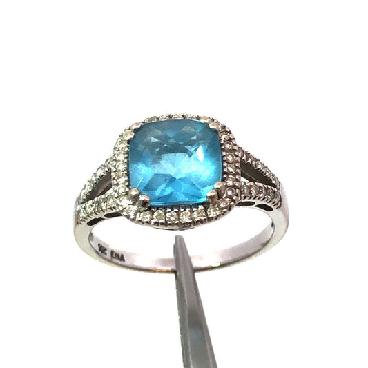 Designer 14K White Gold Cushion Cut Blue Topaz Diamond Halo Engagement Ring