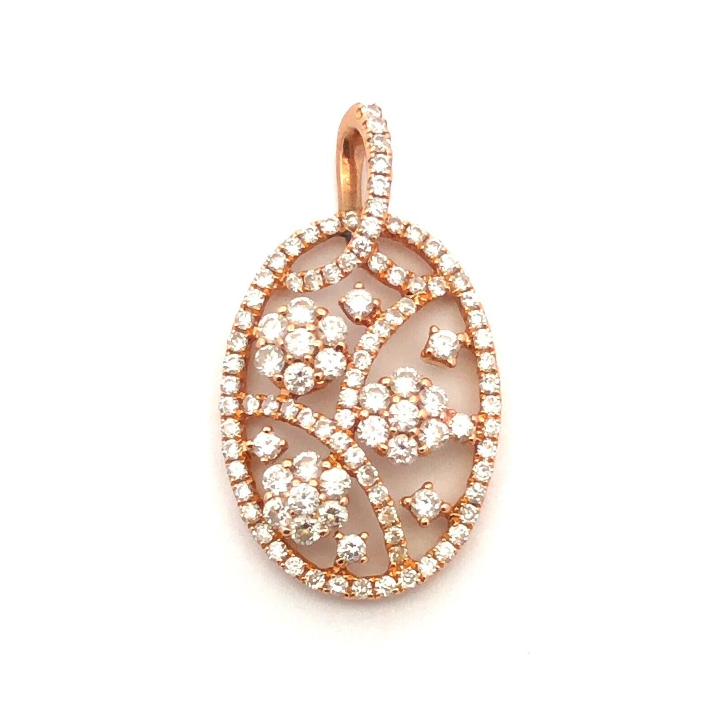 Designer 18K Yellow Gold Round Diamond Pave Floral Oval Pendant