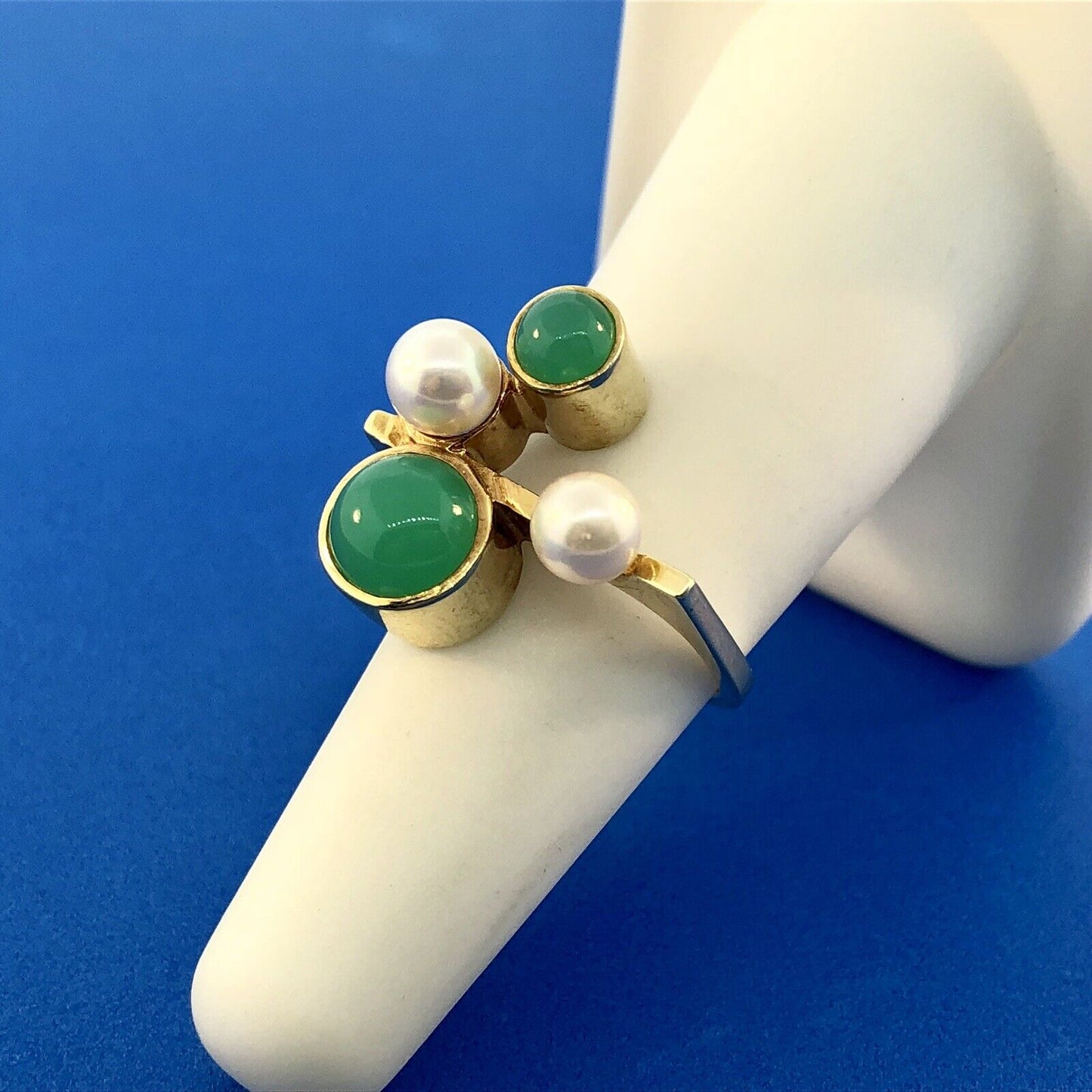 Retro 14K Germany Pearl Tourmaline Modernist Abstract Free Form Cocktail Ring