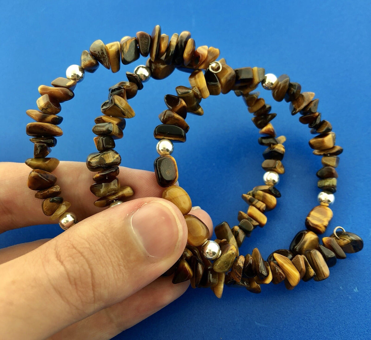 Sterling Silver Tigers Eye Bead Protection Three Wrap Flex Bracelet