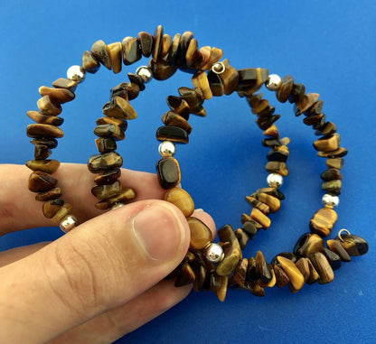 Sterling Silver Tigers Eye Bead Protection Three Wrap Flex Bracelet