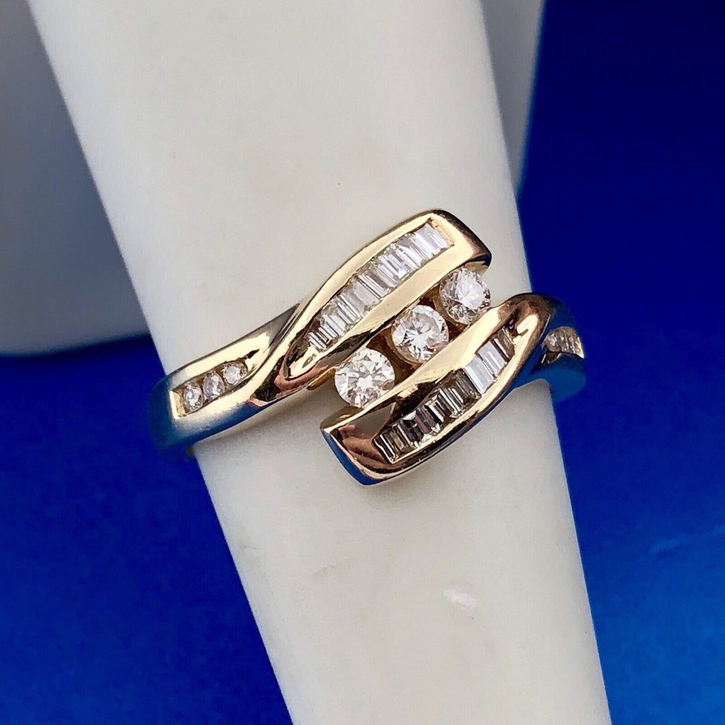Retro Modernist 14K Yellow Gold Diamond Trio Accented Bypass Anniversary Ring