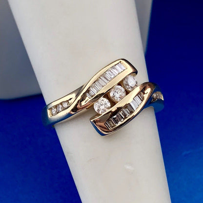 Retro Modernist 14K Yellow Gold Diamond Trio Accented Bypass Anniversary Ring